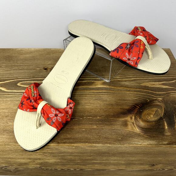 Havaianas Bege Palha Sandals Red Floral Fabric Thongs SZ 7/8 - 39/40 Beach Boho - Picture 1 of 7